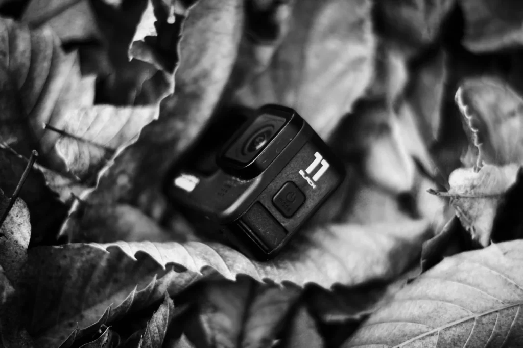 Travel camera to rent Nepal featuring a compact action camera placed among leaves, ideal for trekking, adventure travel, vlogging,
