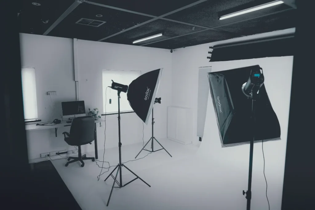 Studio softbox lighting kits setup with two Godox monolights on stands in a white cyclorama room