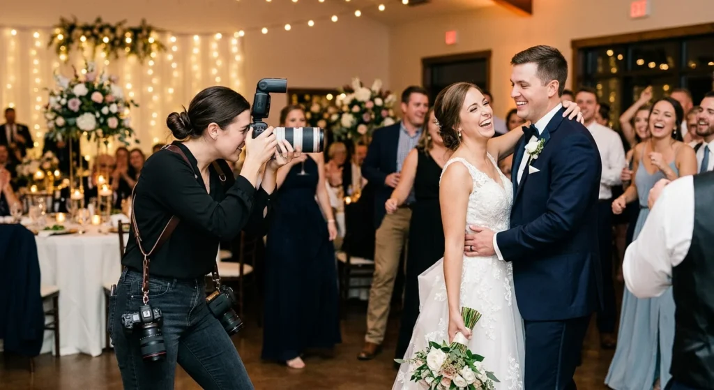 Wedding videographer photographing bride and groom reception dance with rented camera gear