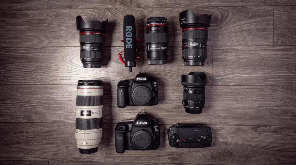 Film equipment rental categories in Nepal including cameras, camera rigs, drones, lenses, lighting and batteries at Kimbu Rental