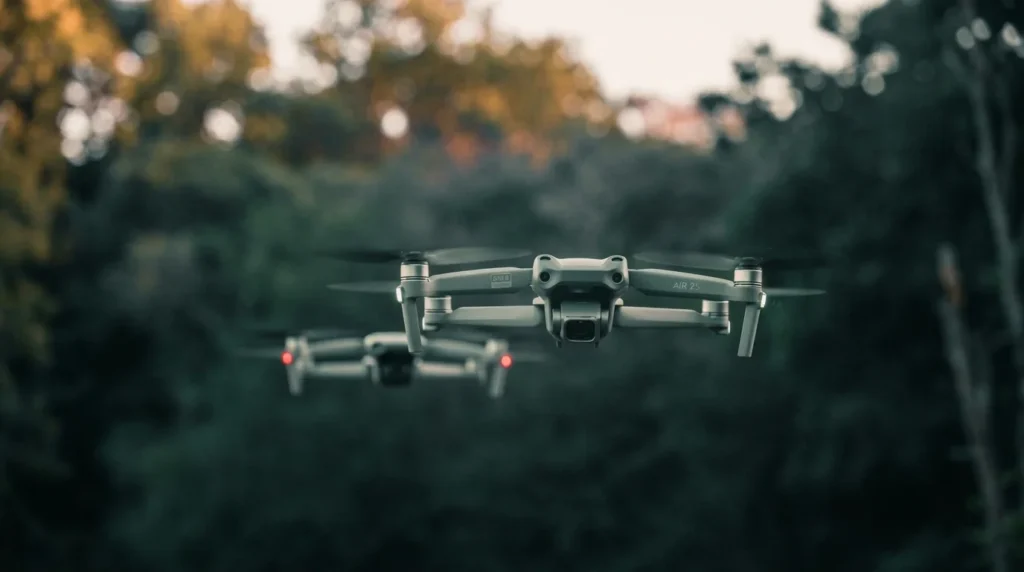 A gray DJI Air 2S camera drone with glowing red LED lights flying in front of trees.