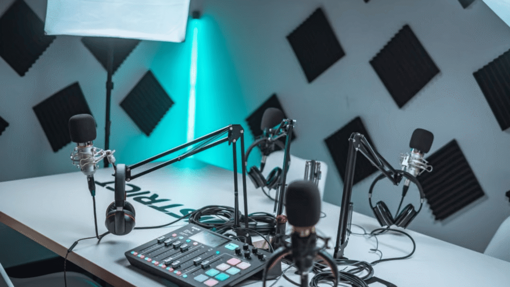 Podcast studio setup with two microphones on boom arms, a camera and soft key lights
